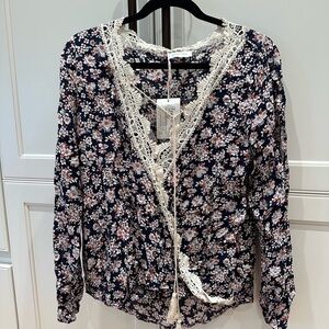 Grace & Lace Navy, Orange and off White Ruffled Tie Front Blouse NWT